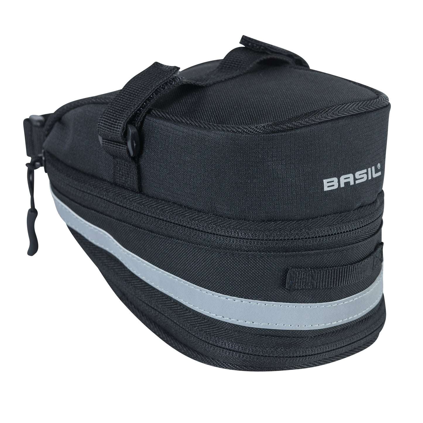 Sacoche de selle vélo Basil mada 1l noir fixation sangles sur chariot de selle avec soufflet