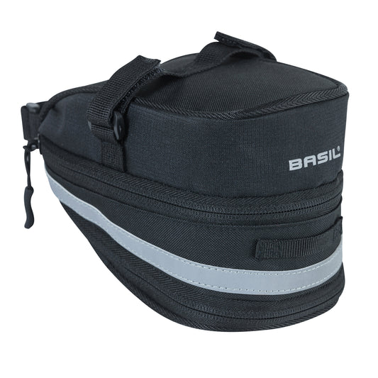 Sacoche de selle vélo Basil mada 1l noir fixation sangles sur chariot de selle avec soufflet