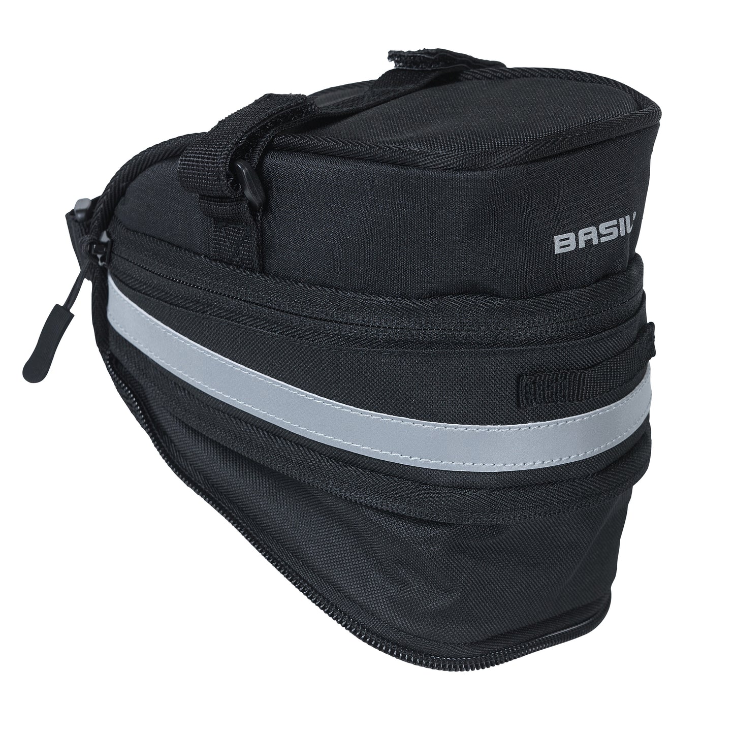 Sacoche de selle vélo Basil mada 1l noir fixation sangles sur chariot de selle avec soufflet