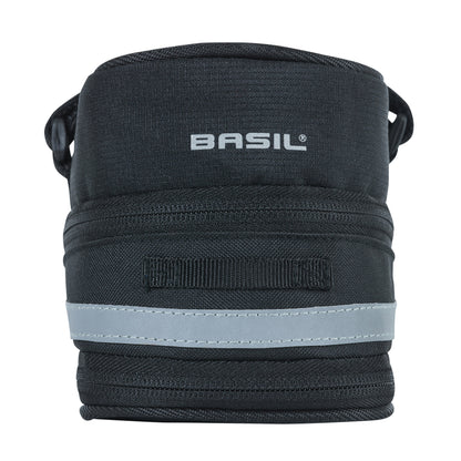 Sacoche de selle vélo Basil mada 1l noir fixation sangles sur chariot de selle avec soufflet