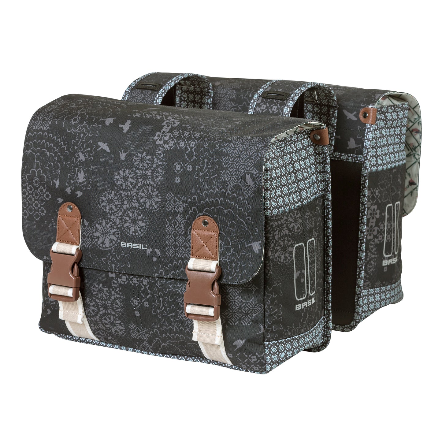 Sacoche arrière vélo double Basil bohème 35l noir-crème fixation velcros sur porte bagage 37x15x37cm
