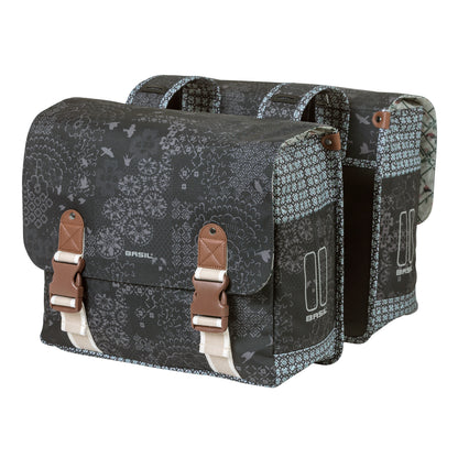 Sacoche arrière vélo double Basil bohème 35l noir-crème fixation velcros sur porte bagage 37x15x37cm