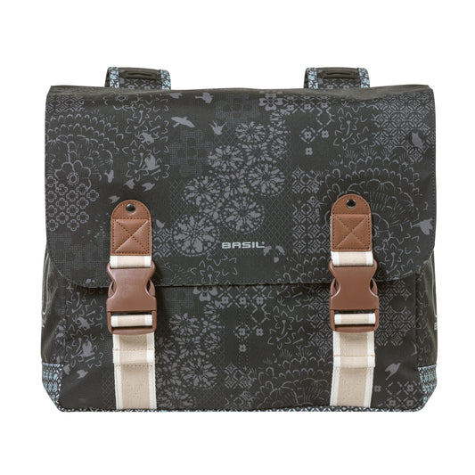 Sacoche arrière vélo double Basil bohème 35l noir-crème fixation velcros sur porte bagage 37x15x37cm