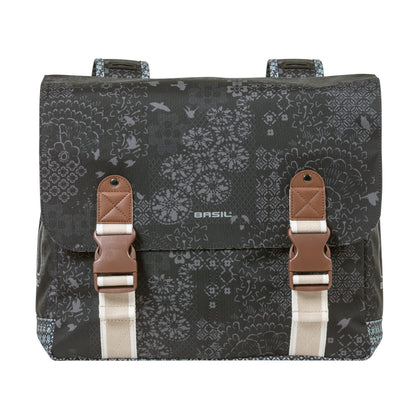 Sacoche arrière vélo double Basil bohème 35l noir-crème fixation velcros sur porte bagage 37x15x37cm