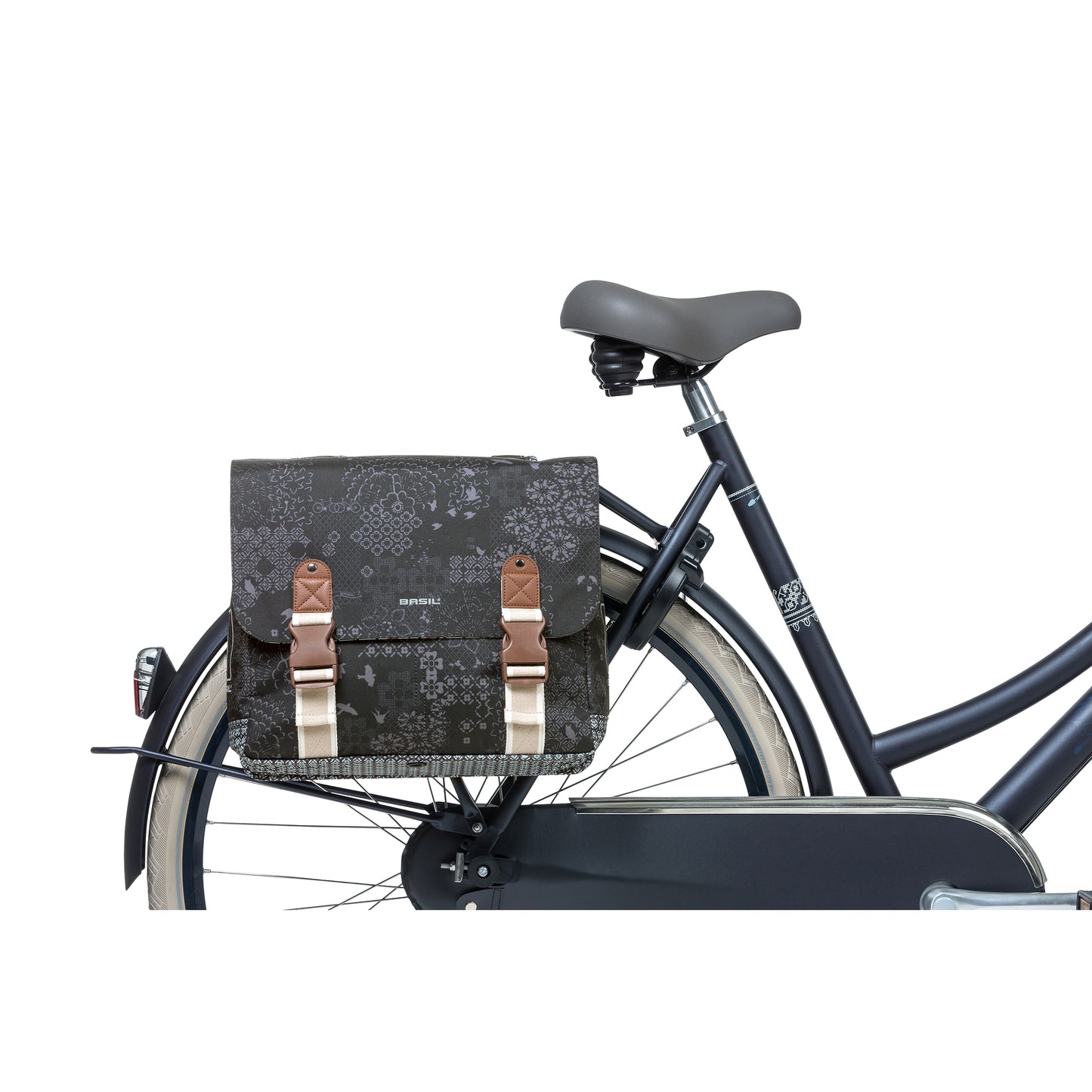 Sacoche arrière vélo double Basil bohème 35l noir-crème fixation velcros sur porte bagage 37x15x37cm