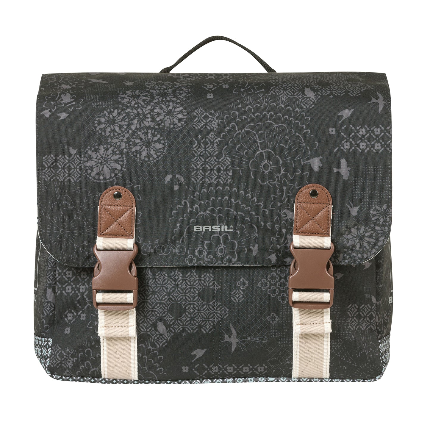 Sacoche arrière vélo double Basil bohème 35l noir-crème sur porte bagage 37x15x37cm / fixation système mik