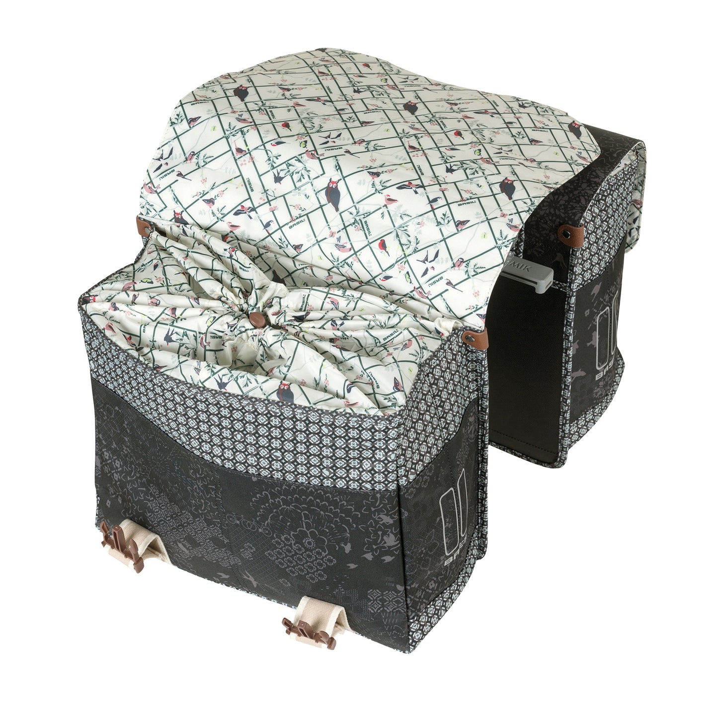 Sacoche arrière vélo double Basil bohème 35l noir-crème sur porte bagage 37x15x37cm / fixation système mik