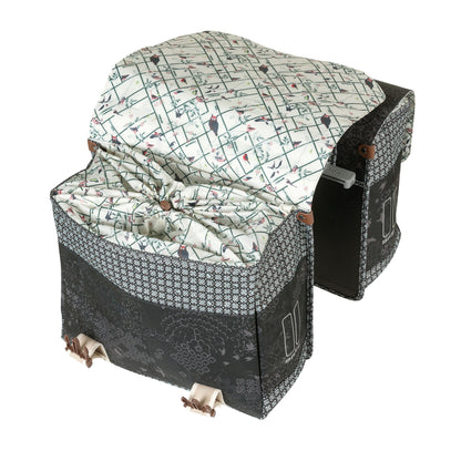 Sacoche arrière vélo double Basil bohème 35l noir-crème sur porte bagage 37x15x37cm / fixation système mik