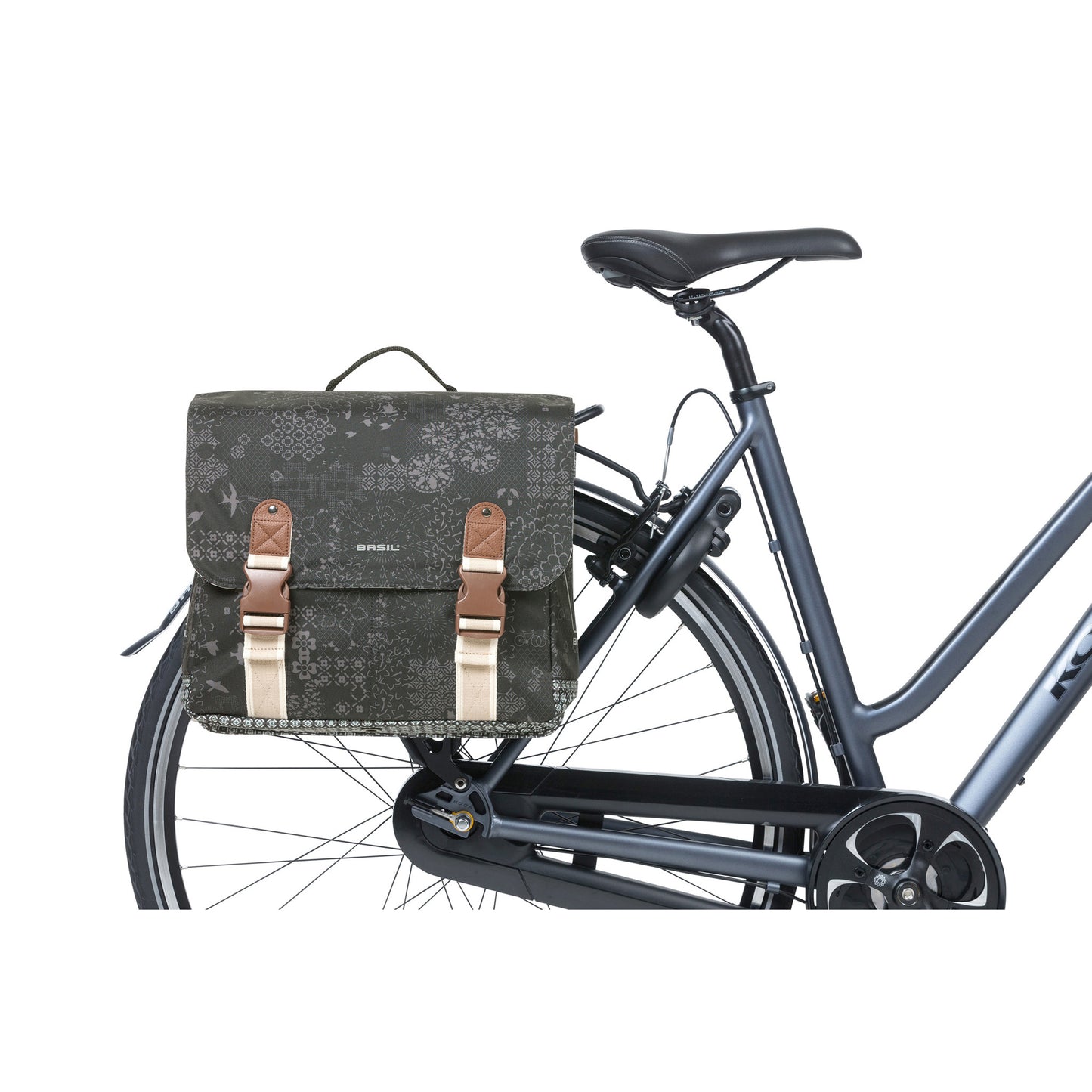 Sacoche arrière vélo double Basil bohème 35l noir-crème sur porte bagage 37x15x37cm / fixation système mik