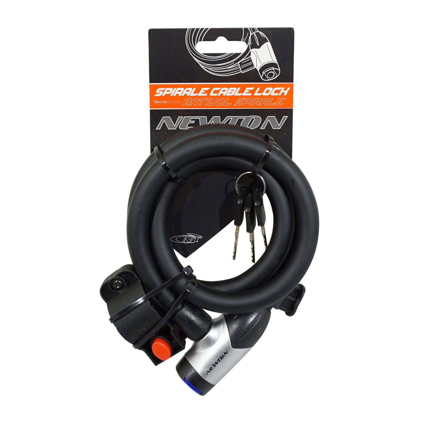 Antivol vélo spiral à clé Newton diam 15 mm l 1,00m avec cache serrure avec support + 2 clés