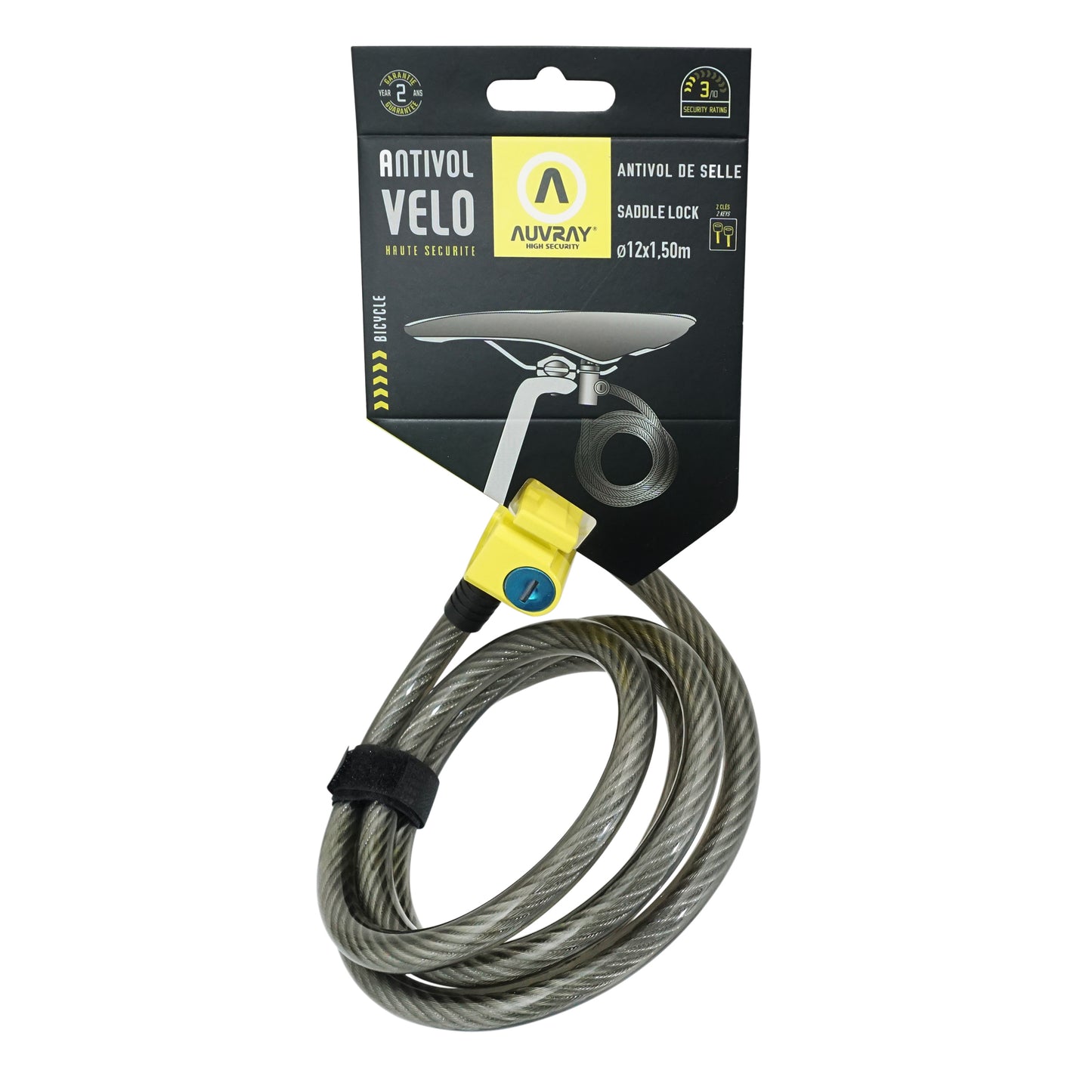 Antivol vélo câble à clé Auvray s.lock pour selle et vélo diam 12 mm l 1.50 m