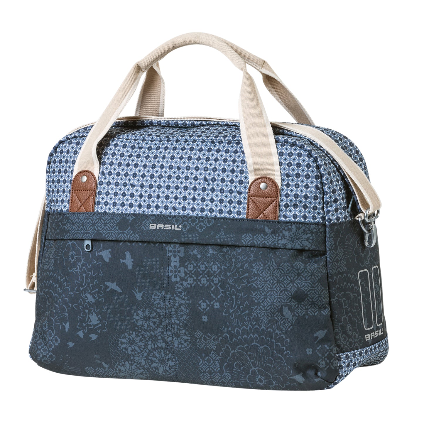 Sac à main vélo Basil bohème 18l bleu indigo fixation rapide hook-on sur porte bagage avant-arrière 44x17x31cm