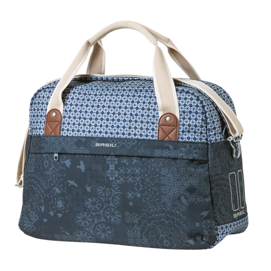 Sac à main vélo Basil bohème 18l bleu indigo fixation rapide hook-on sur porte bagage avant-arrière 44x17x31cm