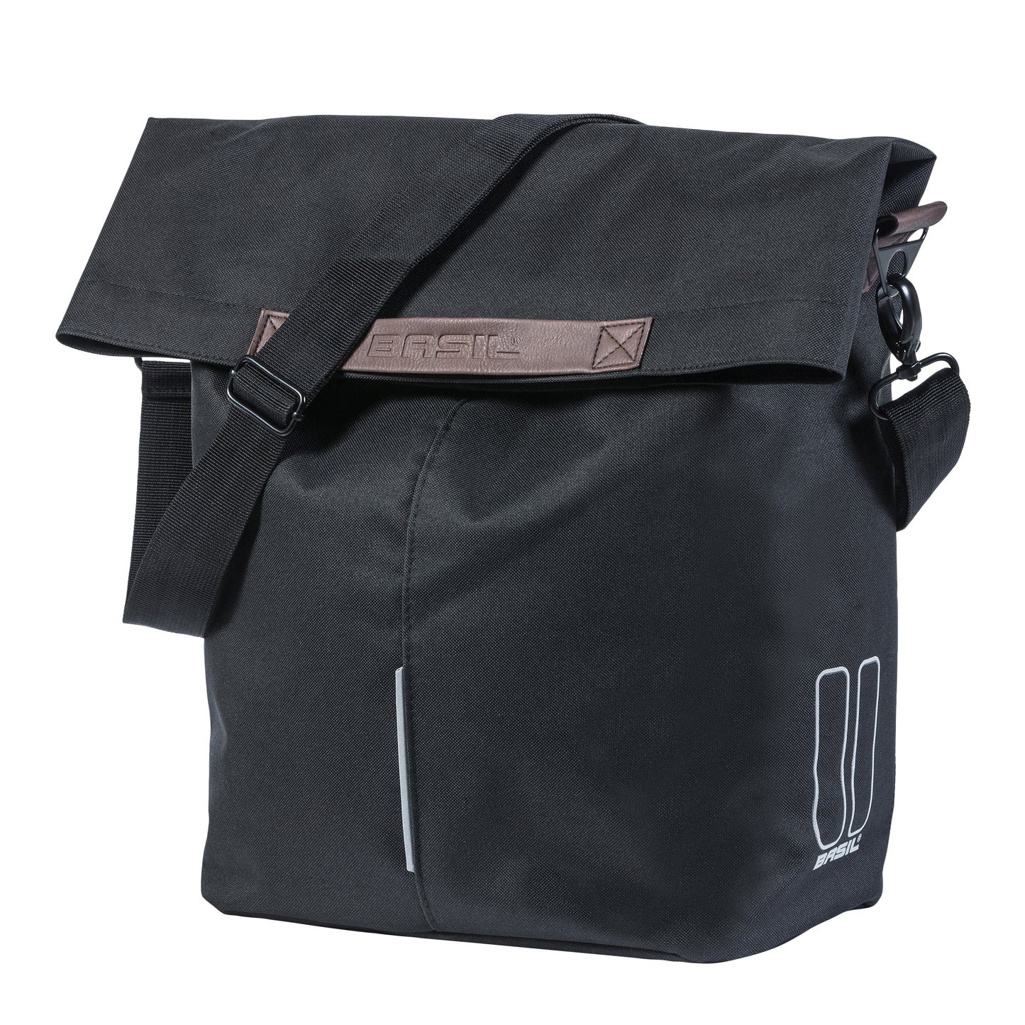Sacoche arrière vélo latérale sac bandoulière Basil city shopper noir droit-gauche 14-16l fixation hook-on porte bagage fermeture pliante anti-pluie