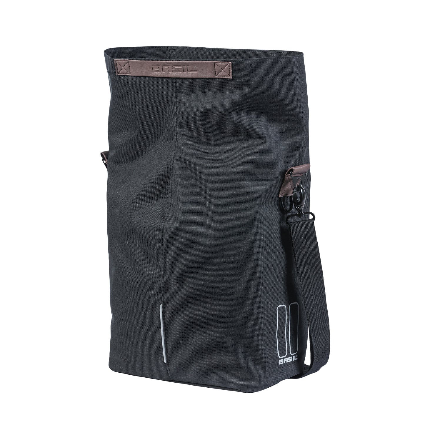 Sacoche arrière vélo latérale sac bandoulière Basil city shopper noir droit-gauche 14-16l fixation hook-on porte bagage fermeture pliante anti-pluie