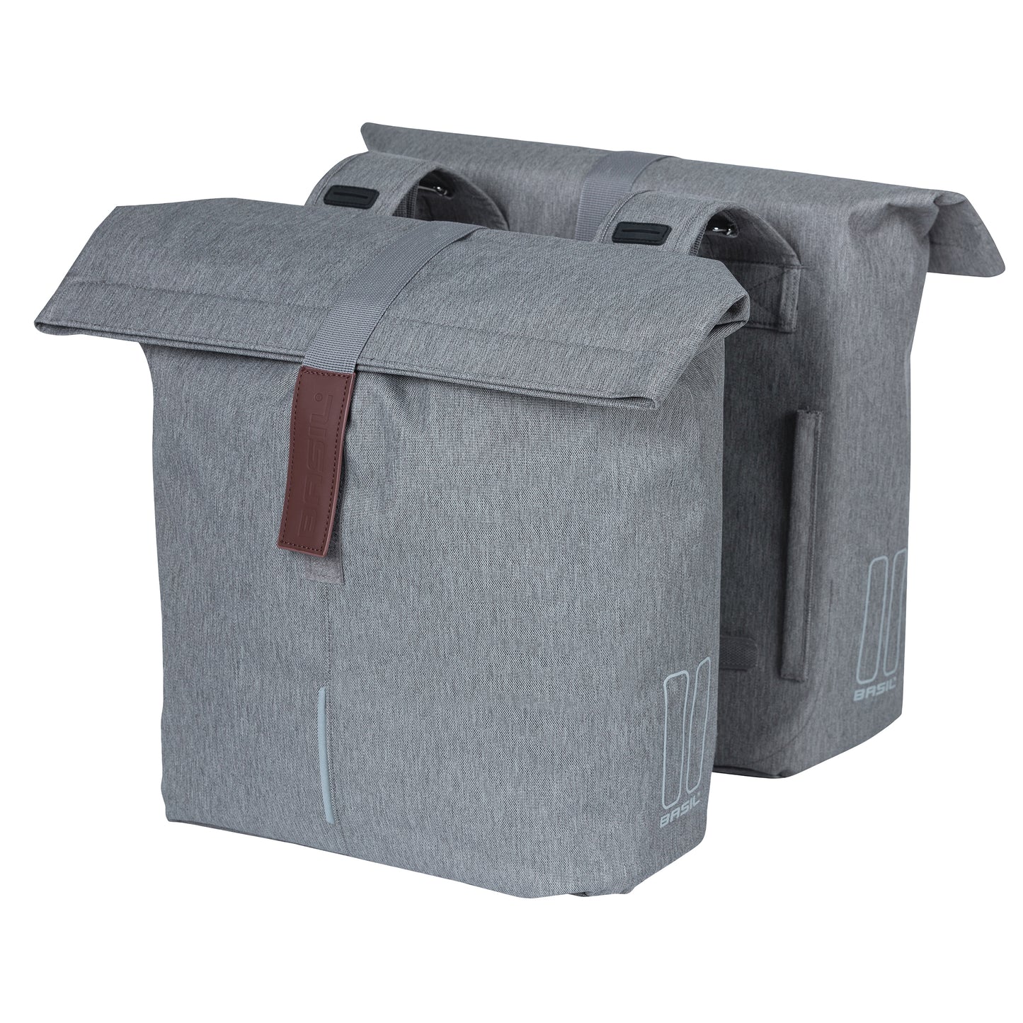 Sacoche arrière vélo double Basil city gris clair 28-32l fixation velcros sur porte bagage 30x18x49cm fermeture pliante anti-pluie