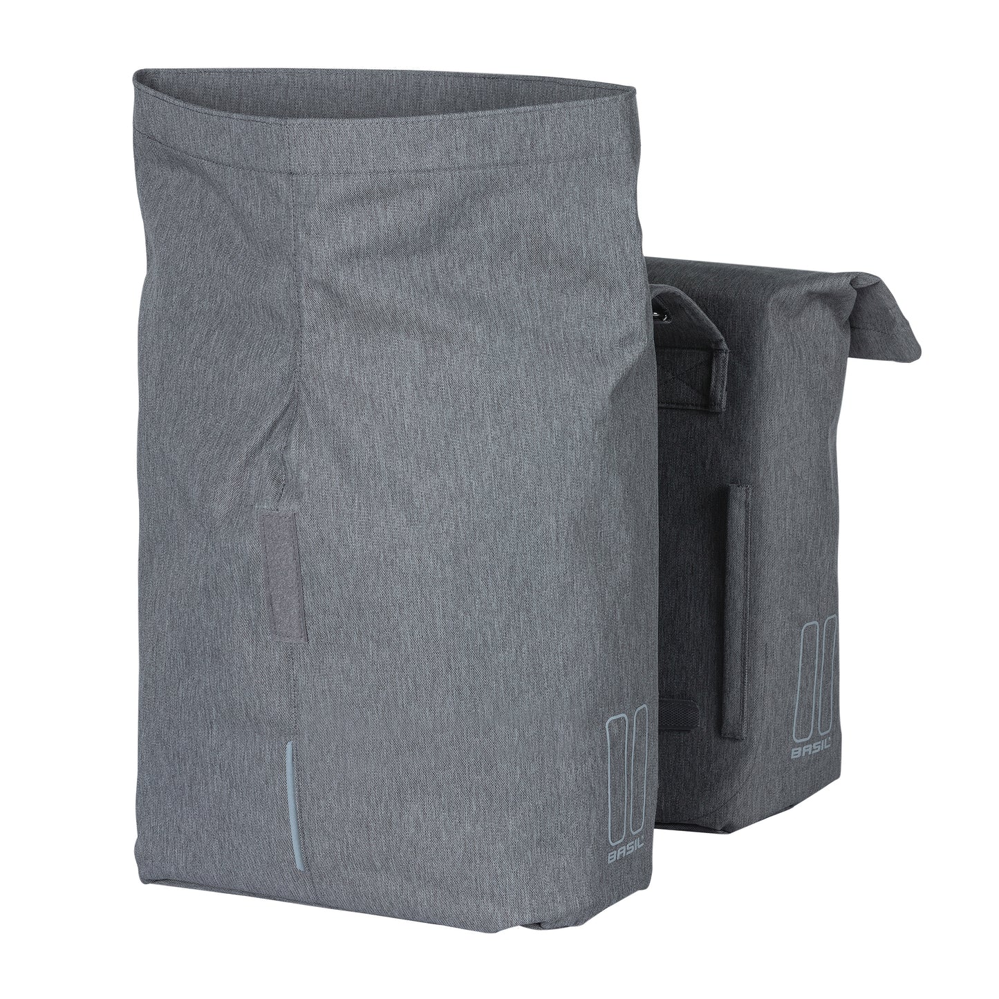 Sacoche arrière vélo double Basil city gris clair 28-32l fixation velcros sur porte bagage 30x18x49cm fermeture pliante anti-pluie