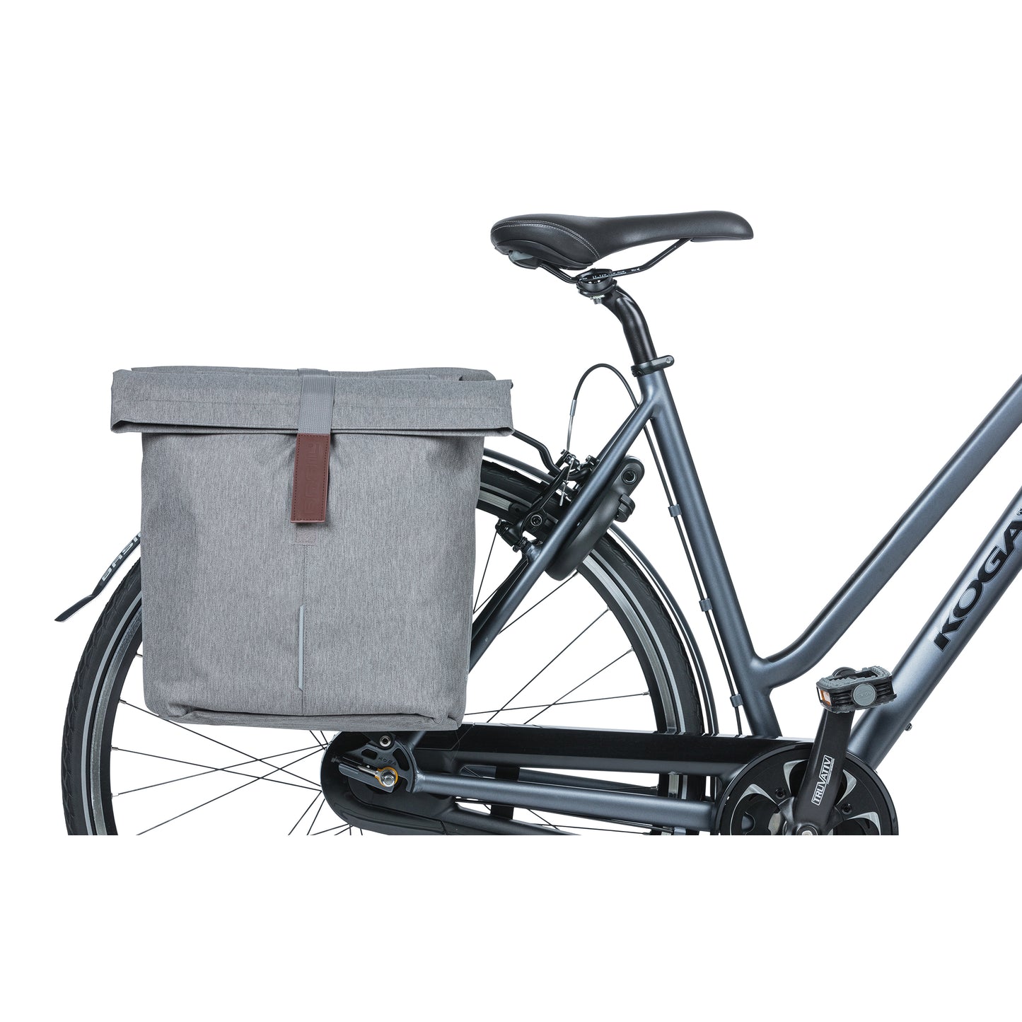 Sacoche arrière vélo double Basil city gris clair 28-32l fixation velcros sur porte bagage 30x18x49cm fermeture pliante anti-pluie