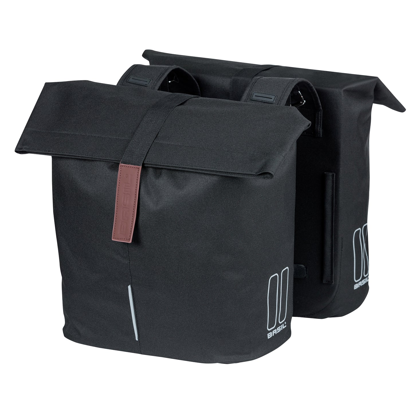 Sacoche arrière vélo double Basil city noir 28-32l fixation velcros sur porte bagage 30x18x49cm fermeture pliante anti-pluie