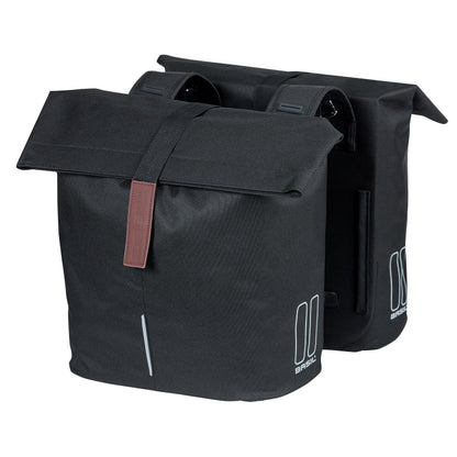 Sacoche arrière vélo double Basil city noir 28-32l fixation velcros sur porte bagage 30x18x49cm fermeture pliante anti-pluie