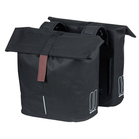 Sacoche arrière vélo double Basil city noir 28-32l fixation velcros sur porte bagage 30x18x49cm fermeture pliante anti-pluie