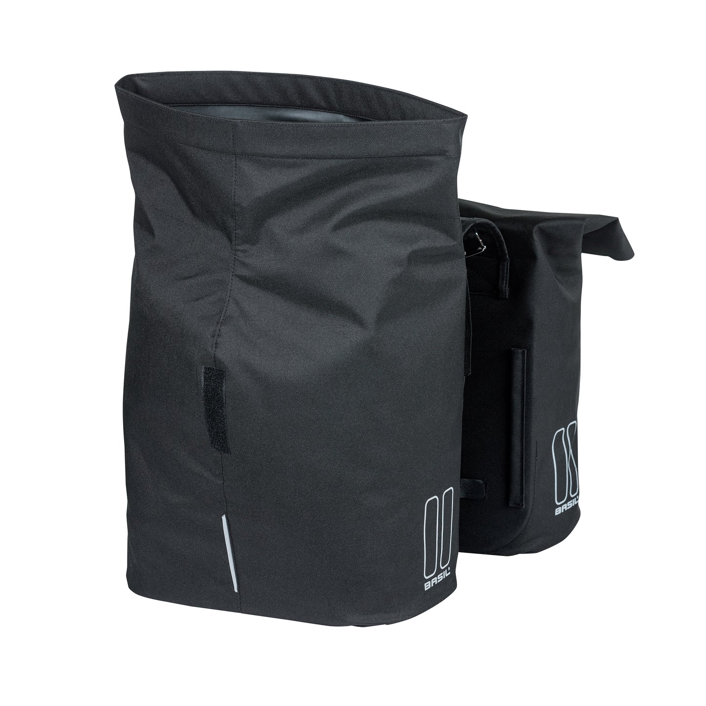 Sacoche arrière vélo double Basil city noir 28-32l fixation velcros sur porte bagage 30x18x49cm fermeture pliante anti-pluie