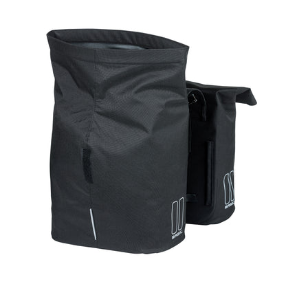 Sacoche arrière vélo double Basil city noir 28-32l fixation velcros sur porte bagage 30x18x49cm fermeture pliante anti-pluie