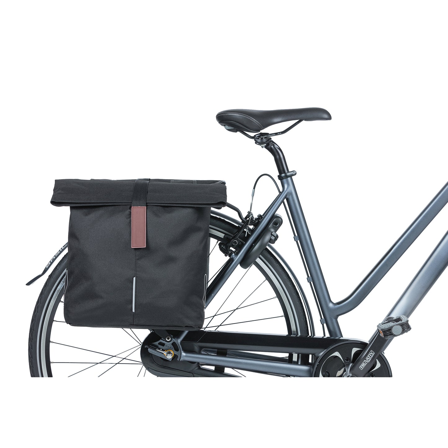 Sacoche arrière vélo double Basil city noir 28-32l fixation velcros sur porte bagage 30x18x49cm fermeture pliante anti-pluie