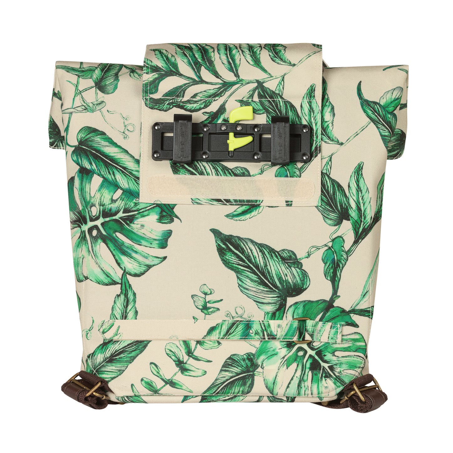 Sacoche arrière vélo latérale sac à dos Basil evergreen daypack beige poignée cuir droit-gauche 14-19l fixation hook-on porte bagage fermeture pliante anti-pluie
