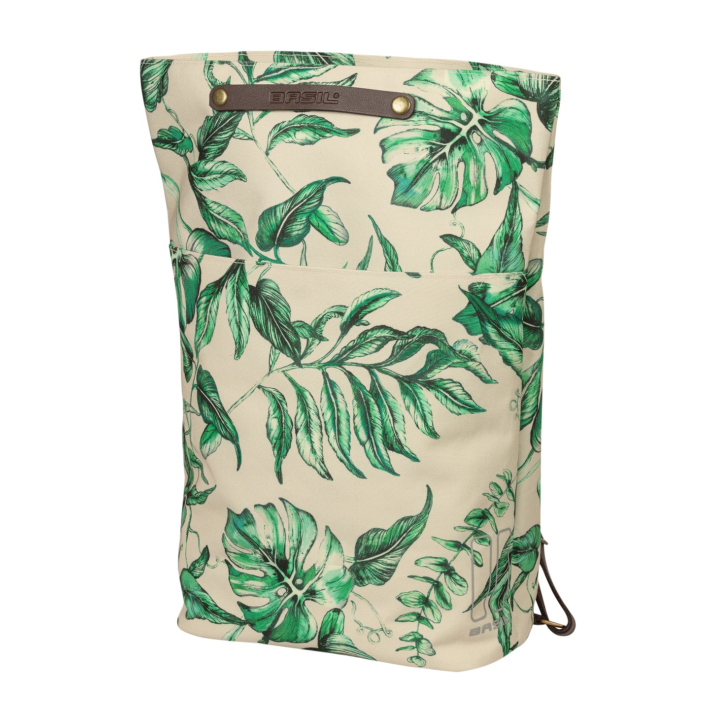 Sacoche arrière vélo latérale sac à dos Basil evergreen daypack beige poignée cuir droit-gauche 14-19l fixation hook-on porte bagage fermeture pliante anti-pluie