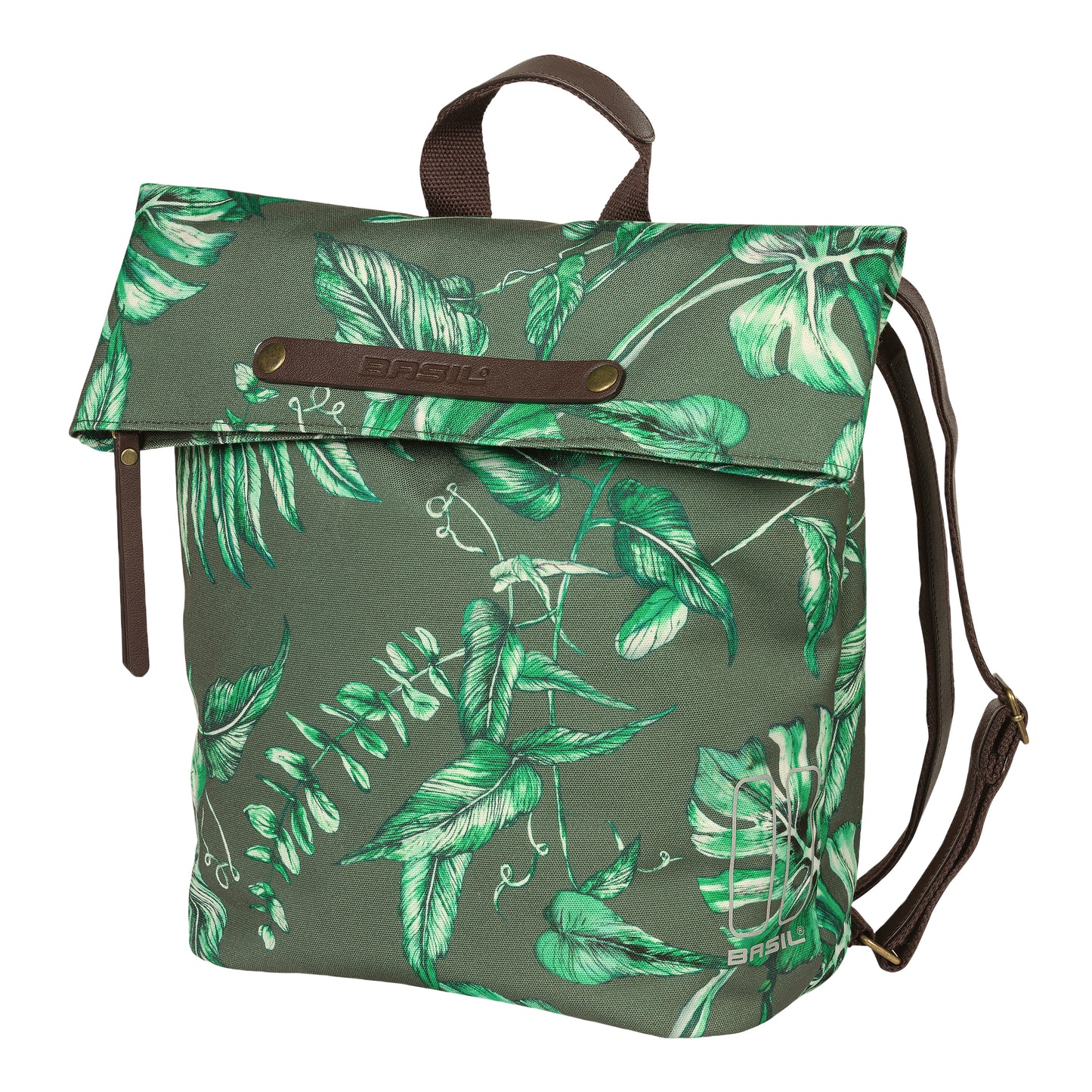 Sacoche arrière vélo latérale sac à dos Basil evergreen daypack thym poignée cuir droit-gauche 14-19l fixation hook-on porte bagage fermeture pliante anti-pluie