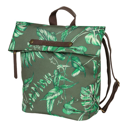 Sacoche arrière vélo latérale sac à dos Basil evergreen daypack thym poignée cuir droit-gauche 14-19l fixation hook-on porte bagage fermeture pliante anti-pluie
