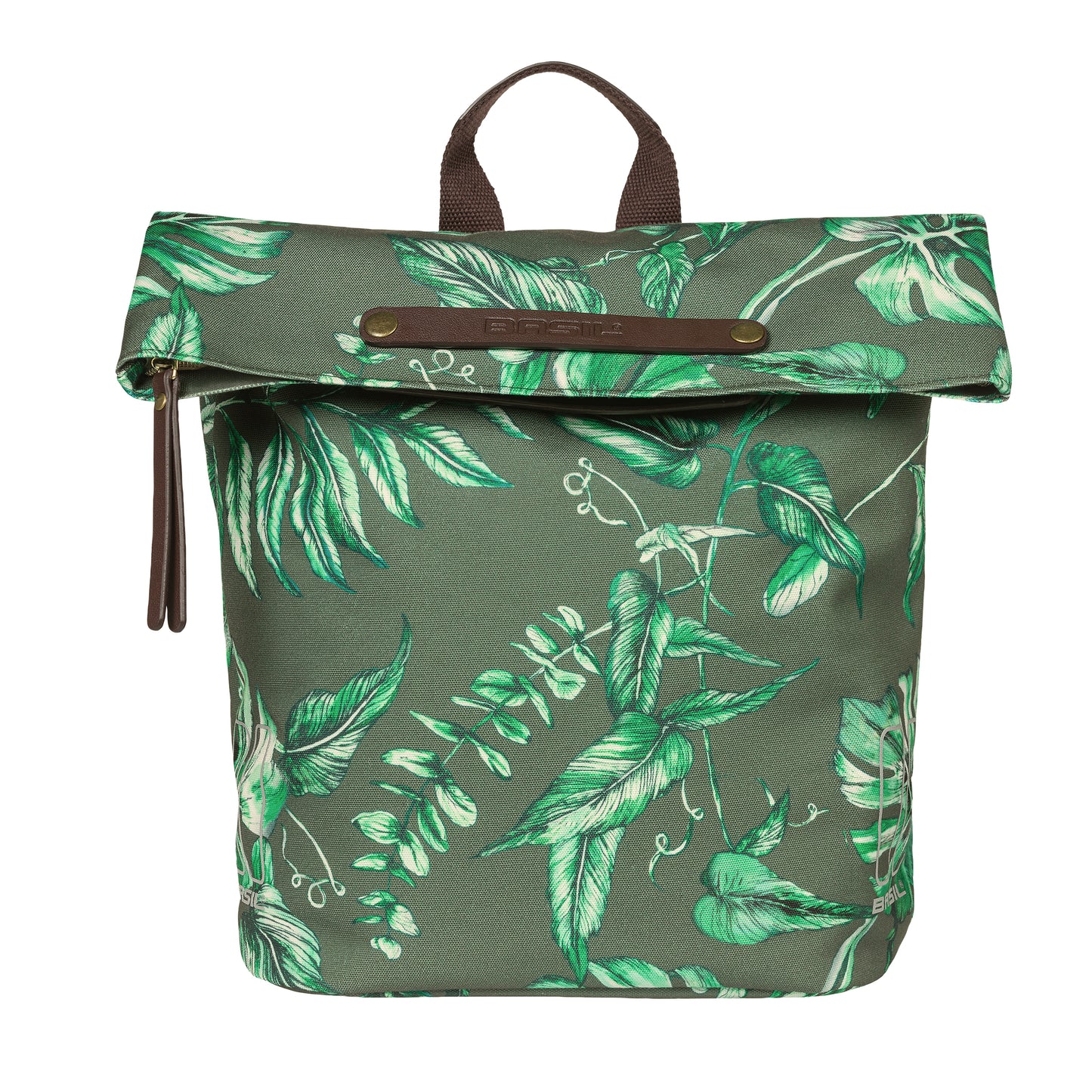 Sacoche arrière vélo latérale sac à dos Basil evergreen daypack thym poignée cuir droit-gauche 14-19l fixation hook-on porte bagage fermeture pliante anti-pluie