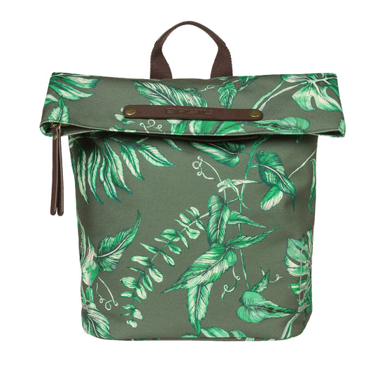 Sacoche arrière vélo latérale sac à dos Basil evergreen daypack thym poignée cuir droit-gauche 14-19l fixation hook-on porte bagage fermeture pliante anti-pluie