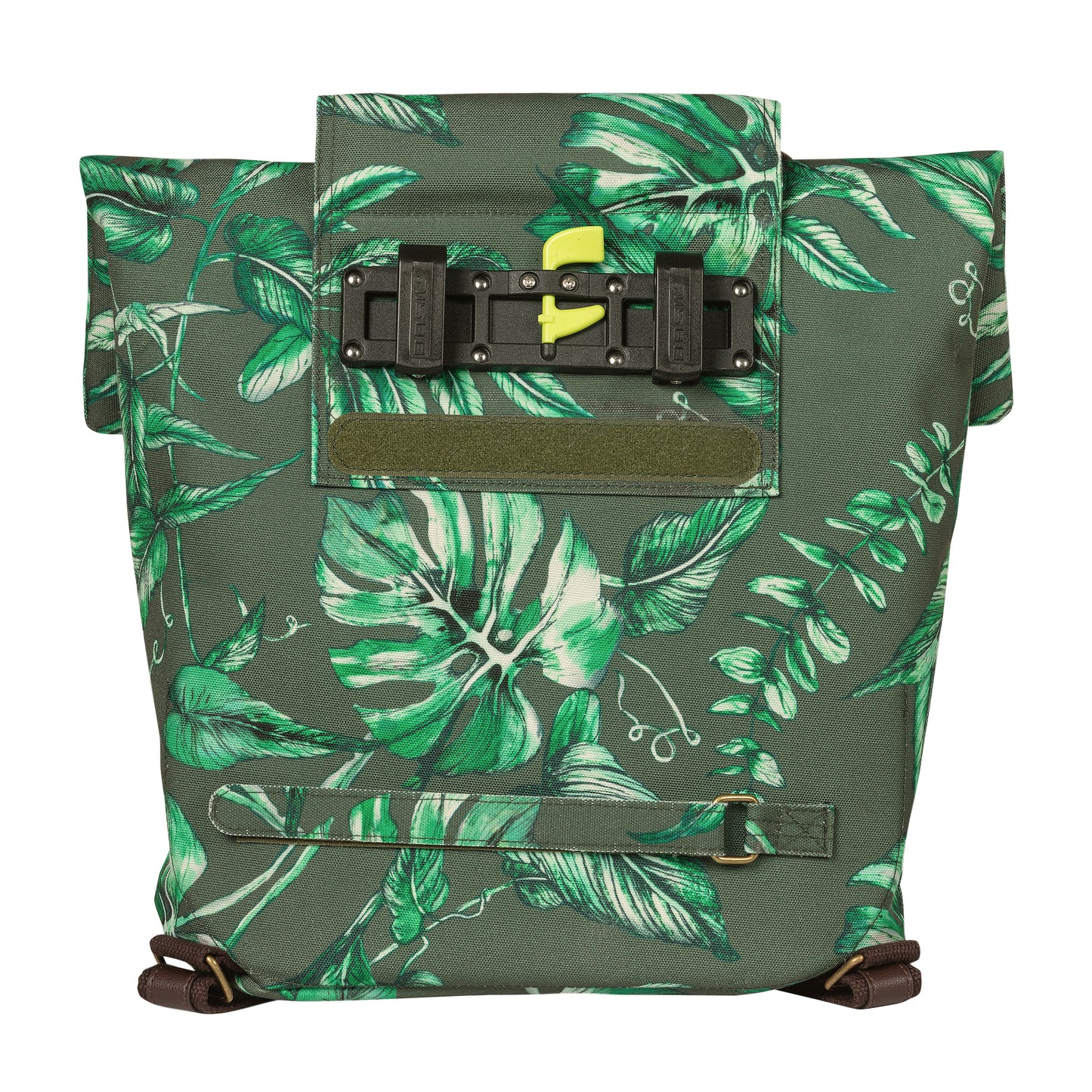 Sacoche arrière vélo latérale sac à dos Basil evergreen daypack thym poignée cuir droit-gauche 14-19l fixation hook-on porte bagage fermeture pliante anti-pluie