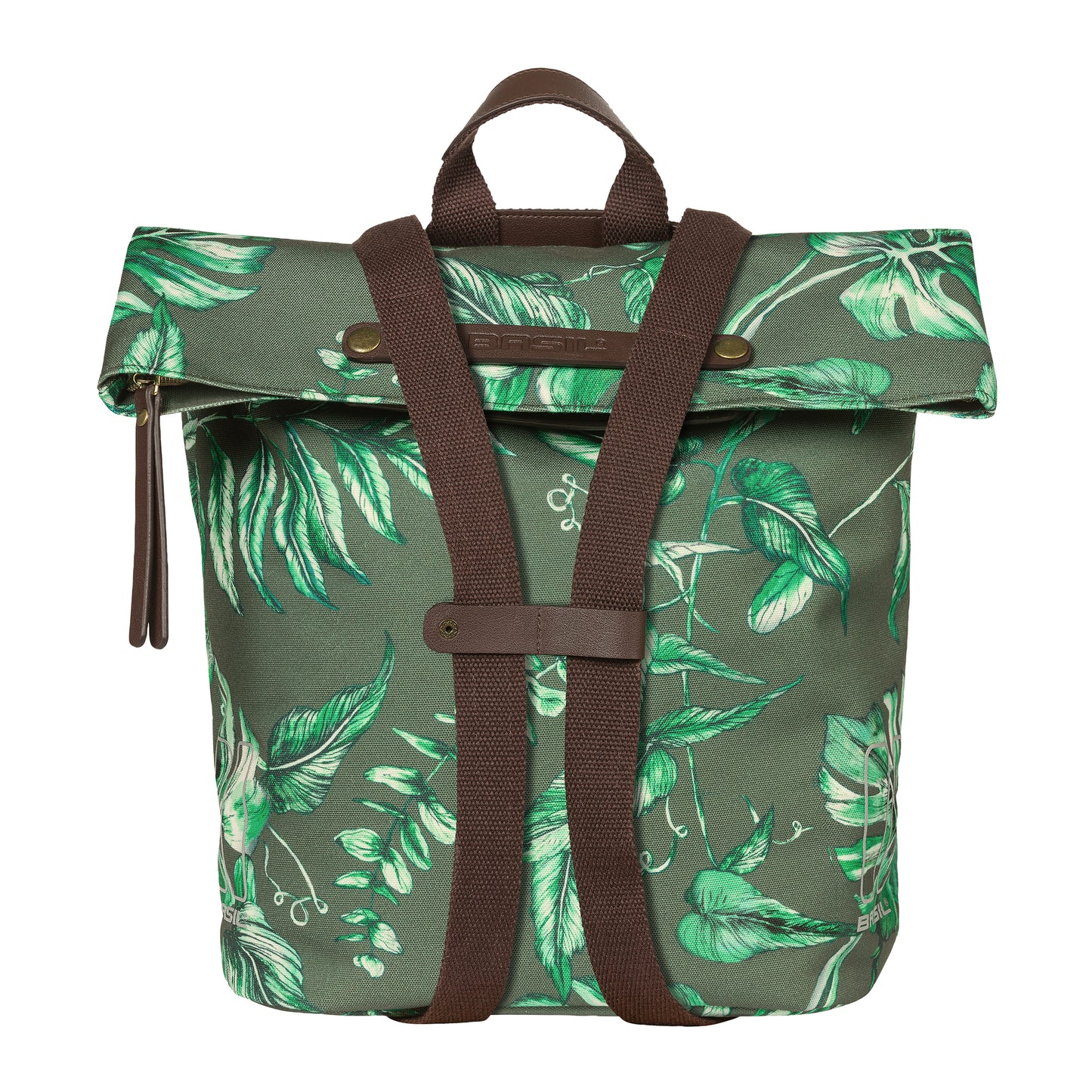 Sacoche arrière vélo latérale sac à dos Basil evergreen daypack thym poignée cuir droit-gauche 14-19l fixation hook-on porte bagage fermeture pliante anti-pluie