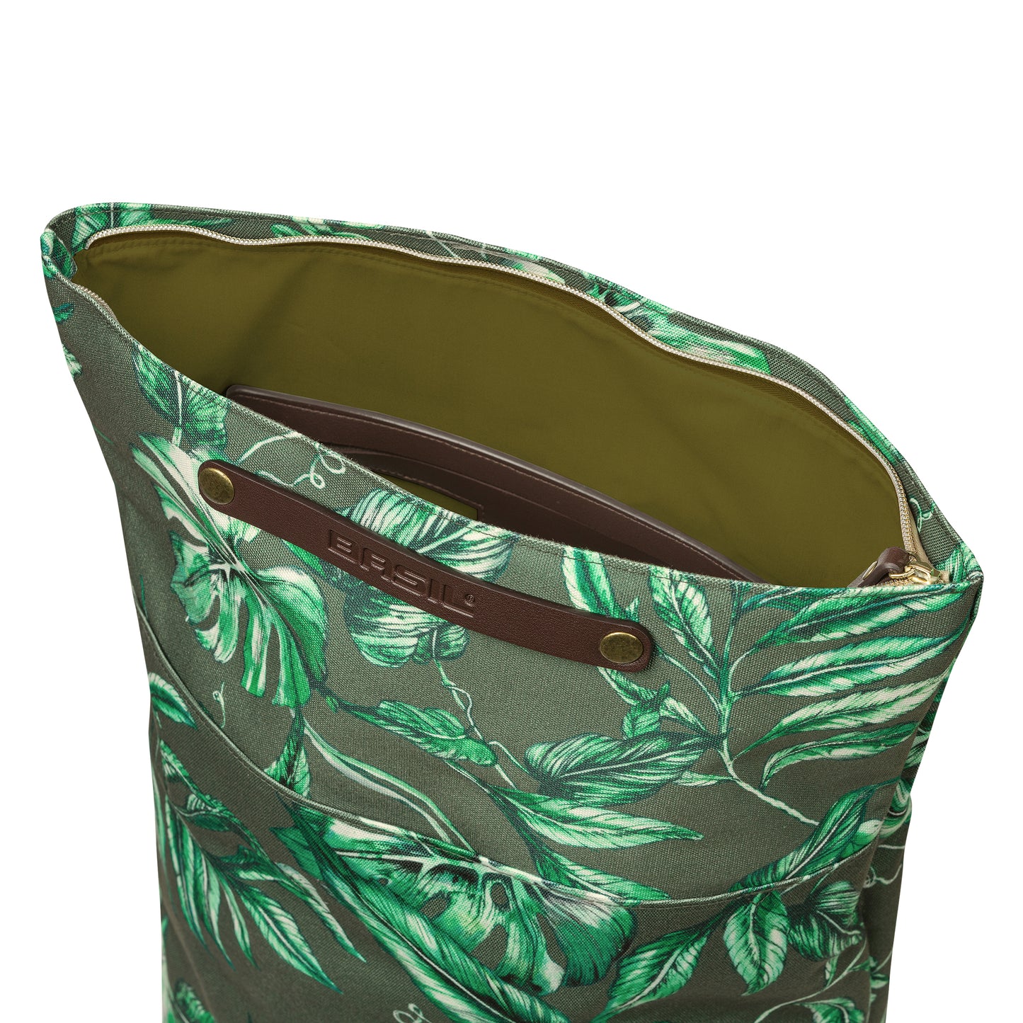 Sacoche arrière vélo latérale sac à dos Basil evergreen daypack thym poignée cuir droit-gauche 14-19l fixation hook-on porte bagage fermeture pliante anti-pluie