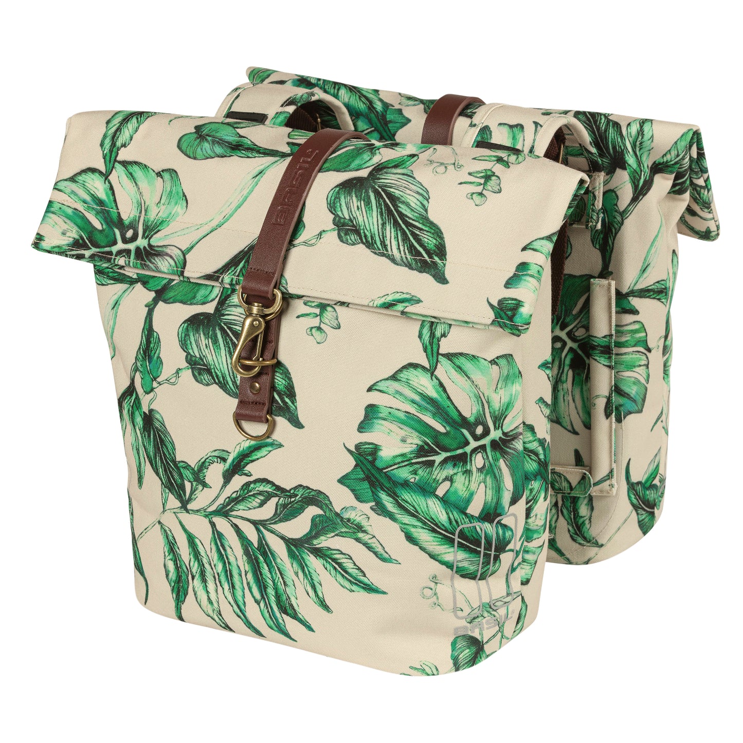 Sacoche arrière vélo double Basil evergreen 28-38l beige avec courroie cuir fixation velcros sur porte bagage 28x16x35cm