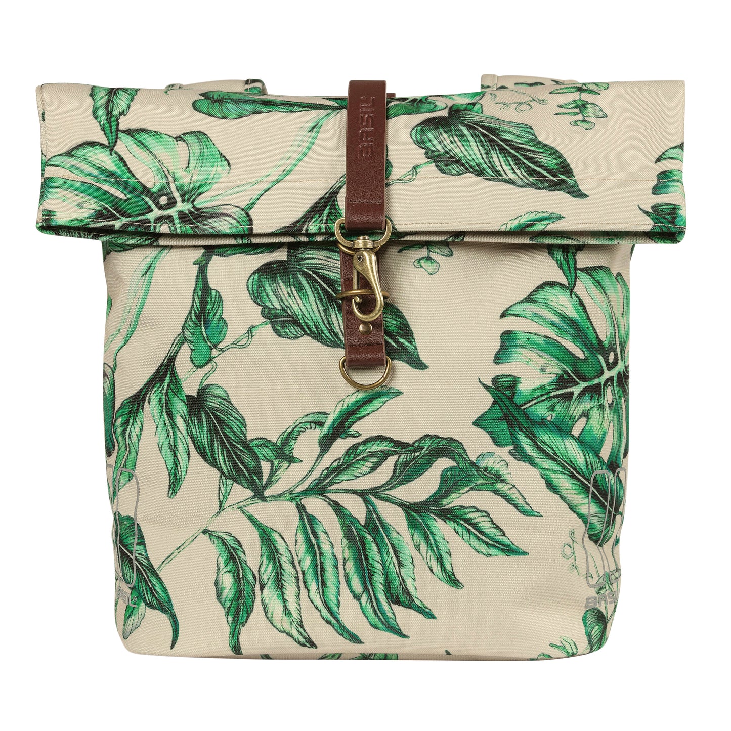 Sacoche arrière vélo double Basil evergreen 28-38l beige avec courroie cuir fixation velcros sur porte bagage 28x16x35cm