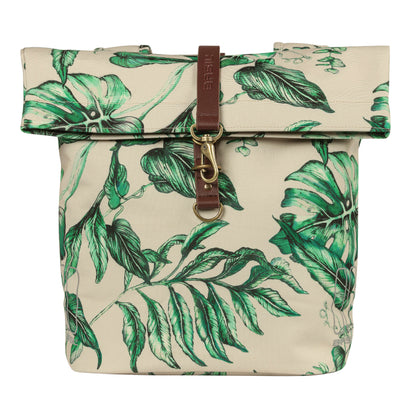 Sacoche arrière vélo double Basil evergreen 28-38l beige avec courroie cuir fixation velcros sur porte bagage 28x16x35cm