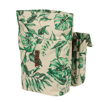 Sacoche arrière vélo double Basil evergreen 28-38l beige avec courroie cuir fixation velcros sur porte bagage 28x16x35cm