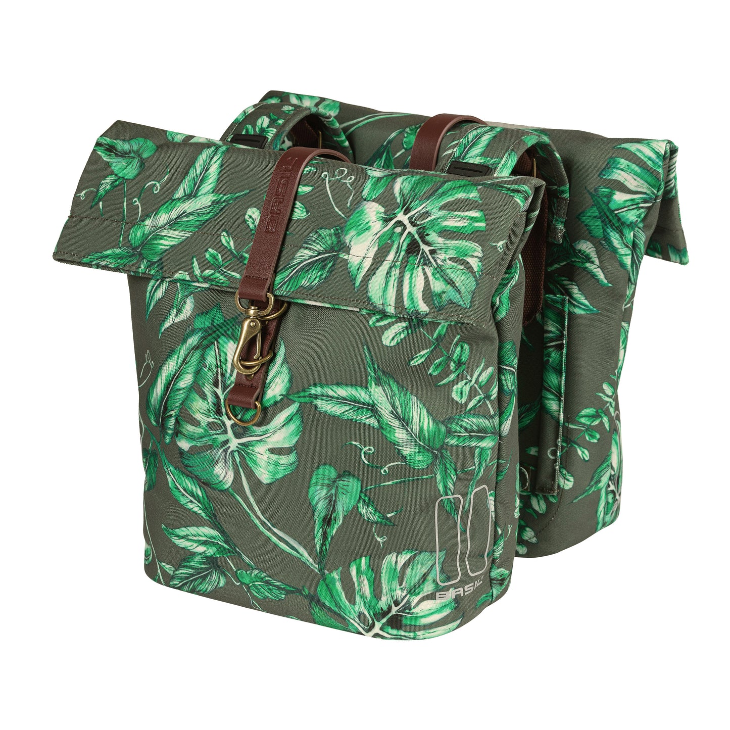 Basil Evergreen Double Bicycle Pannier 28-38L Thyme with Leather Strap Velcro Fastening to Rack 28x16x35cm