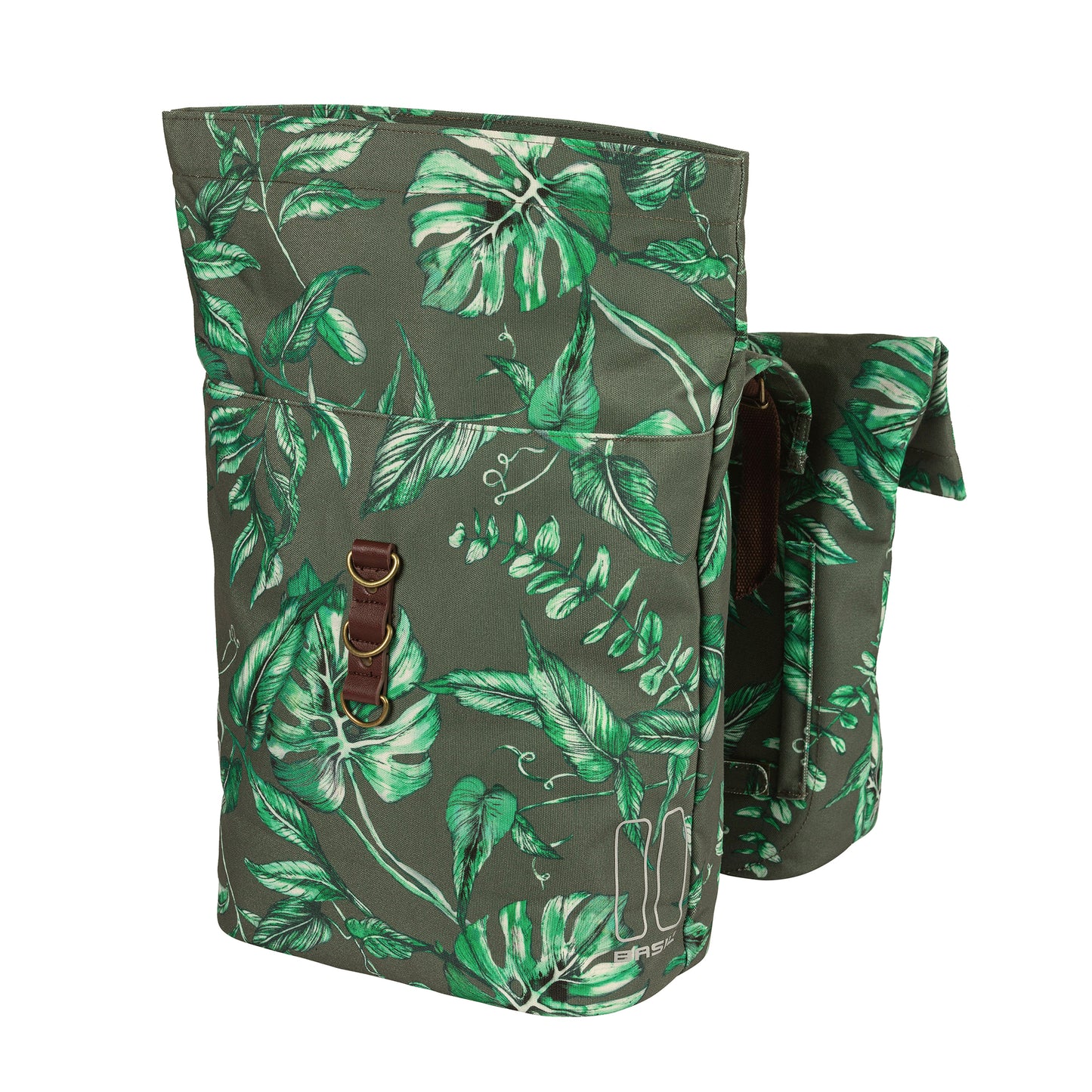 Basil Evergreen Double Bicycle Pannier 28-38L Thyme with Leather Strap Velcro Fastening to Rack 28x16x35cm