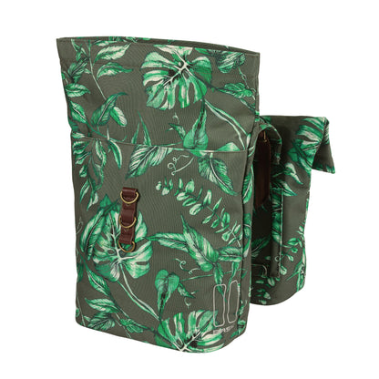 Basil Evergreen Double Bicycle Pannier 28-38L Thyme with Leather Strap Velcro Fastening to Rack 28x16x35cm