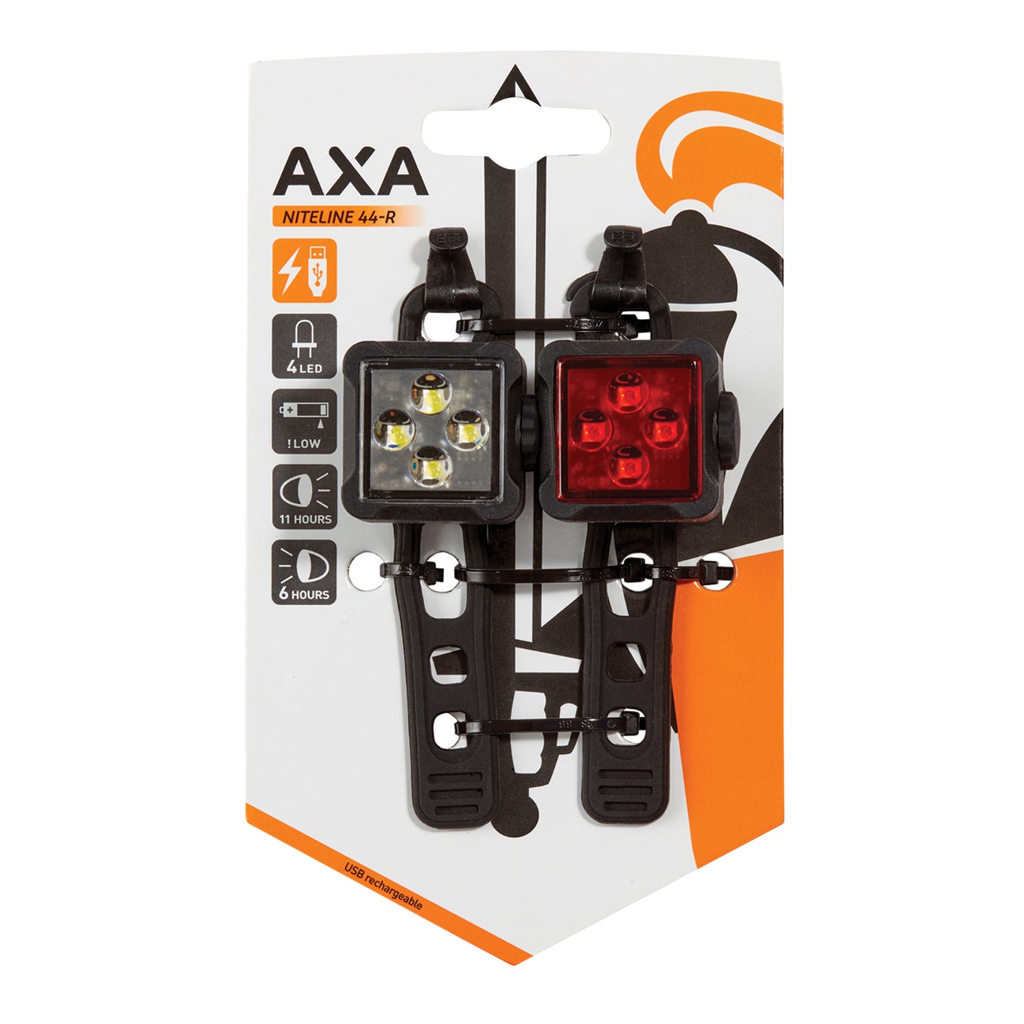 AXA Nite Line 44 USB bike light set, front/rear, black - visible at 600m