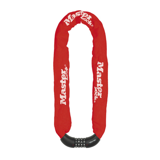 Masterlock Steel Chain Combination Bike Lock - 8mm Diameter, 90cm Length, Red - Security Level 8 - FUB 1-Star Approved