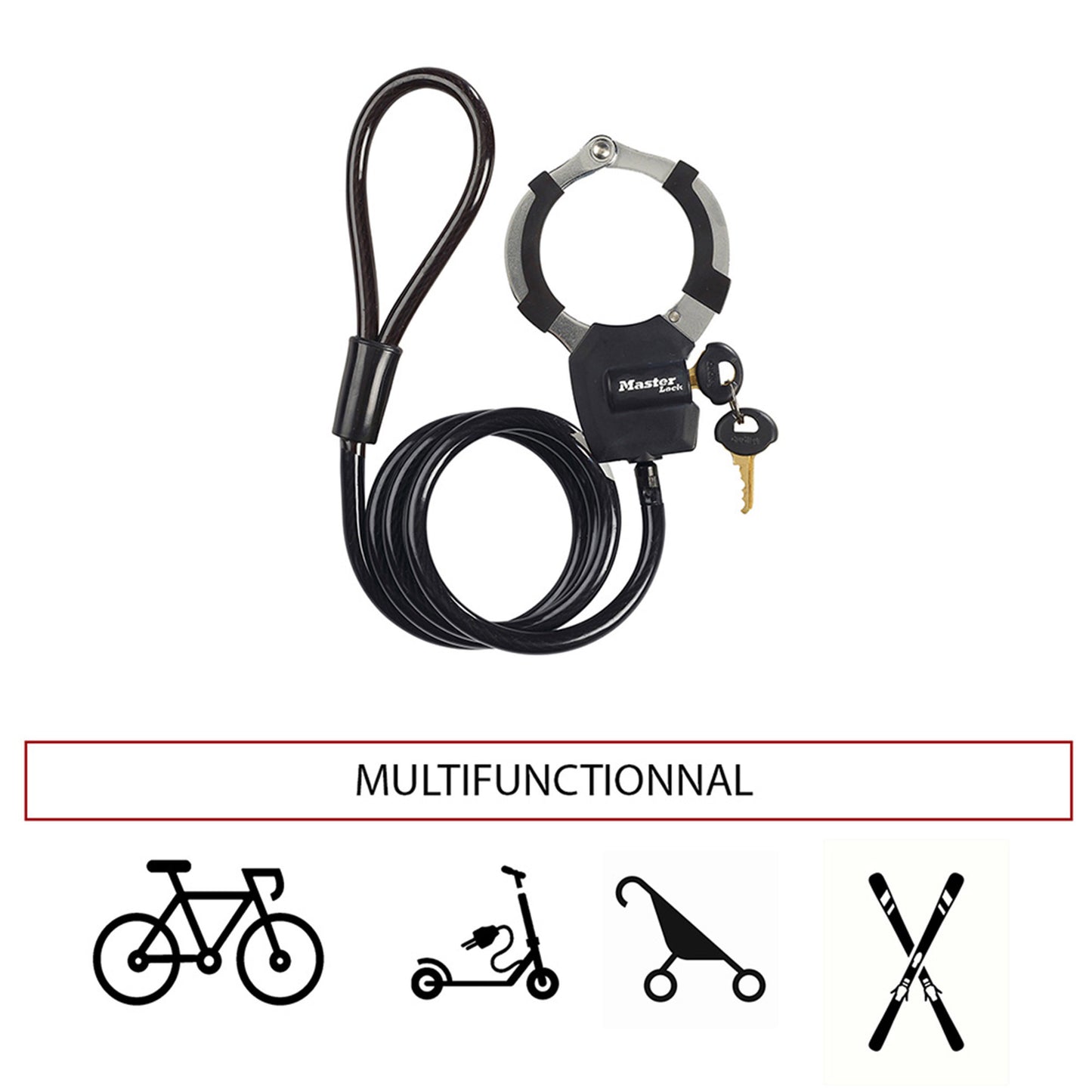 Bicycle - scooter anti-theft cable with looped cuff Masterlock street cuff 8 mm diameter 1m length - delivered with 4 keys - security level 6