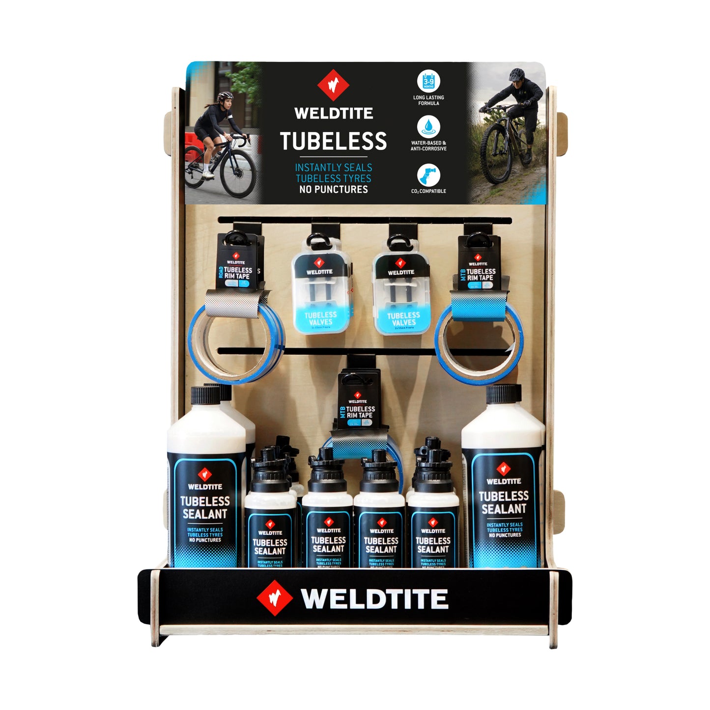 Complete Weldtite wood tubeless POS display (4x 1l tubeless sealant / 8x 240ml tubeless sealant / 12x 2 tubeless valve kits / 7x MTB tubeless rim tape / 4x road tubeless rim tape)
