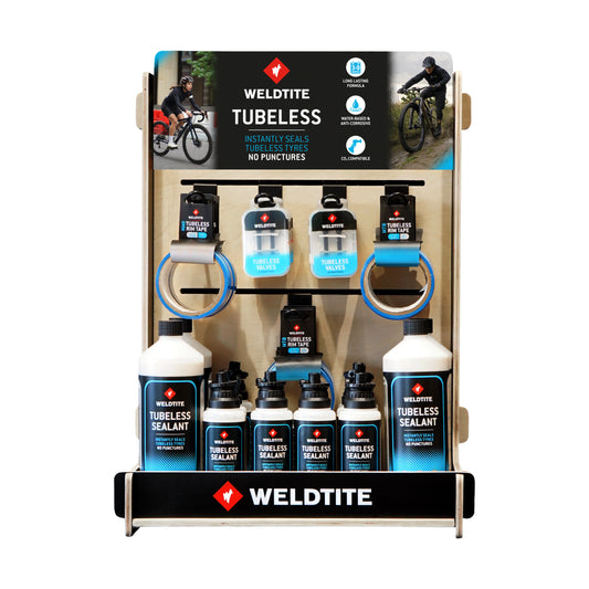 Complete Weldtite wood tubeless POS display (4x 1l tubeless sealant / 8x 240ml tubeless sealant / 12x 2 tubeless valve kits / 7x MTB tubeless rim tape / 4x road tubeless rim tape)
