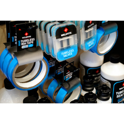 Complete Weldtite wood tubeless POS display (4x 1l tubeless sealant / 8x 240ml tubeless sealant / 12x 2 tubeless valve kits / 7x MTB tubeless rim tape / 4x road tubeless rim tape)